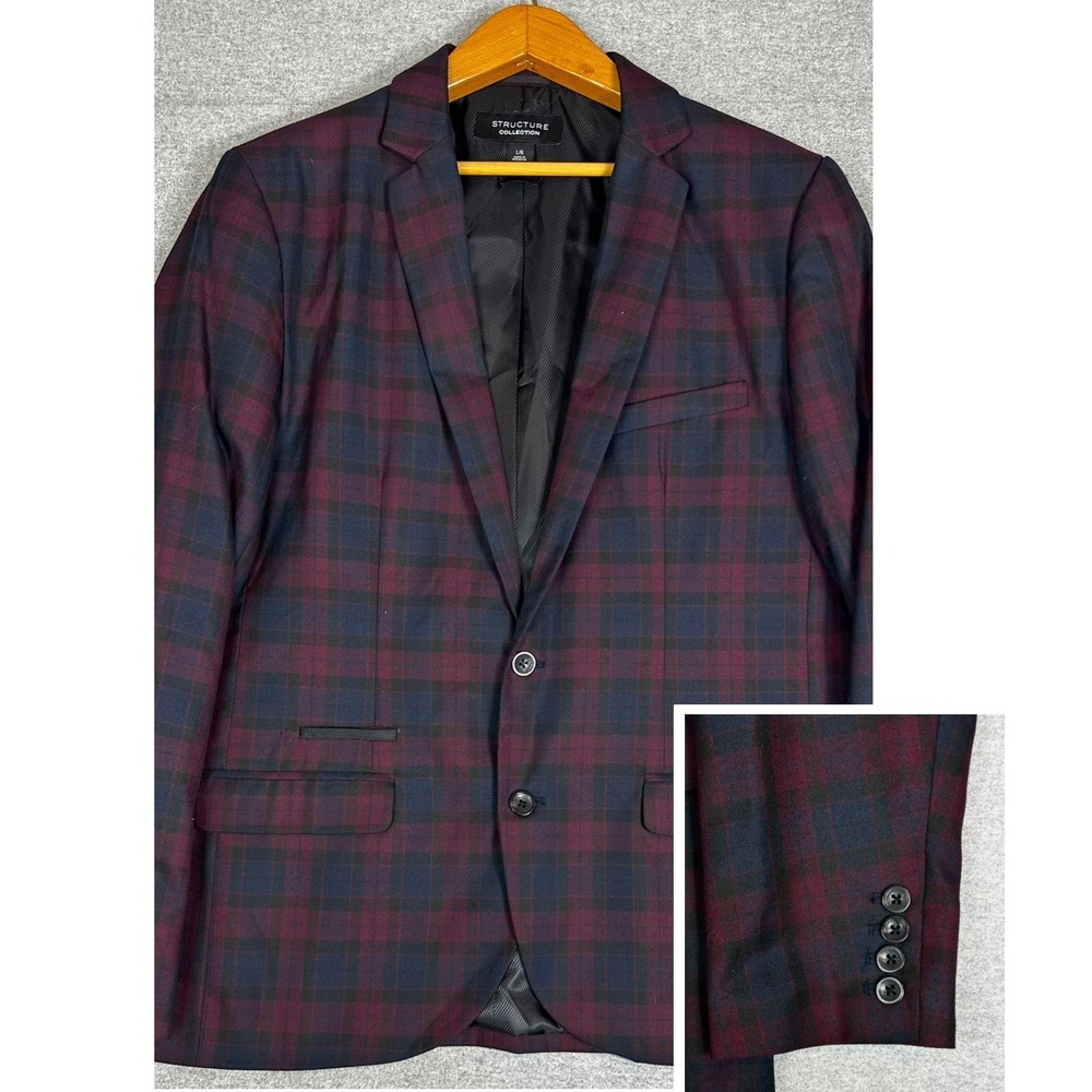 NEW Structure Collection Blazer Large 42 Blue Tartan Plaid Slim Fit Sport Coat